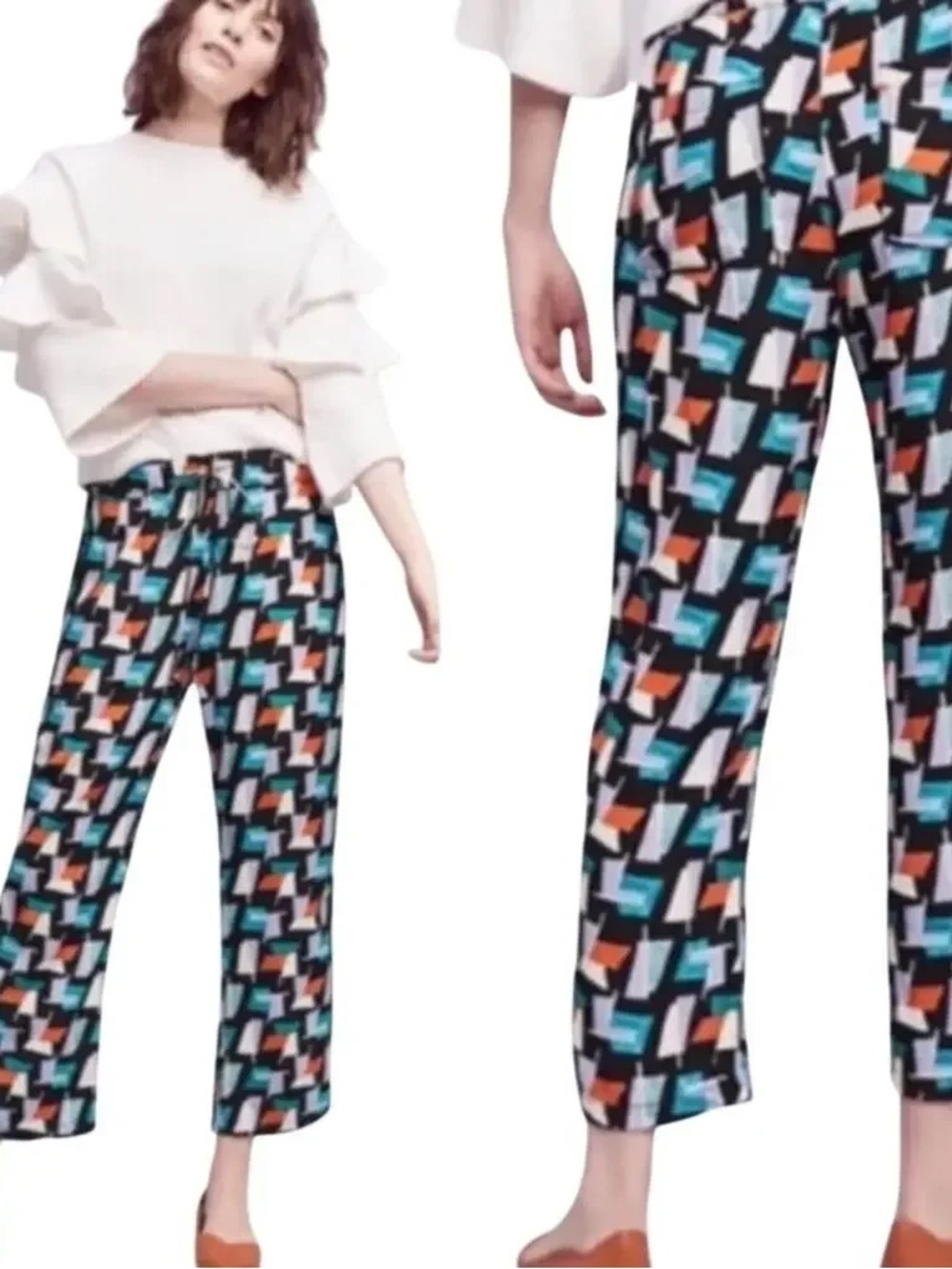 Anthropologie Hei Hei Ginza Geometric Print Pull On Crop Pants Black Blue Size M